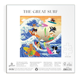 Puzzle box cover of 'The Great Surf' with cartoon characters on surfboards.