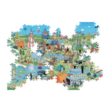 Jigsaw puzzle with cartoon characters and scenes on a white background