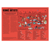 Illustrated poster of iconic artists on a red background with text on the left.