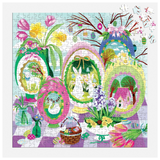 Colorful Easter-themed puzzle with eggs, flowers, and a bunny.