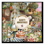 A square jigsaw puzzle box cover for 'Alice's Adventures' by Maria Riviere, featuring a highly detailed, whimsical collage of Alice, the White Rabbit, the Queen of Hearts, a cake, and checkered floors, framed by a black border.