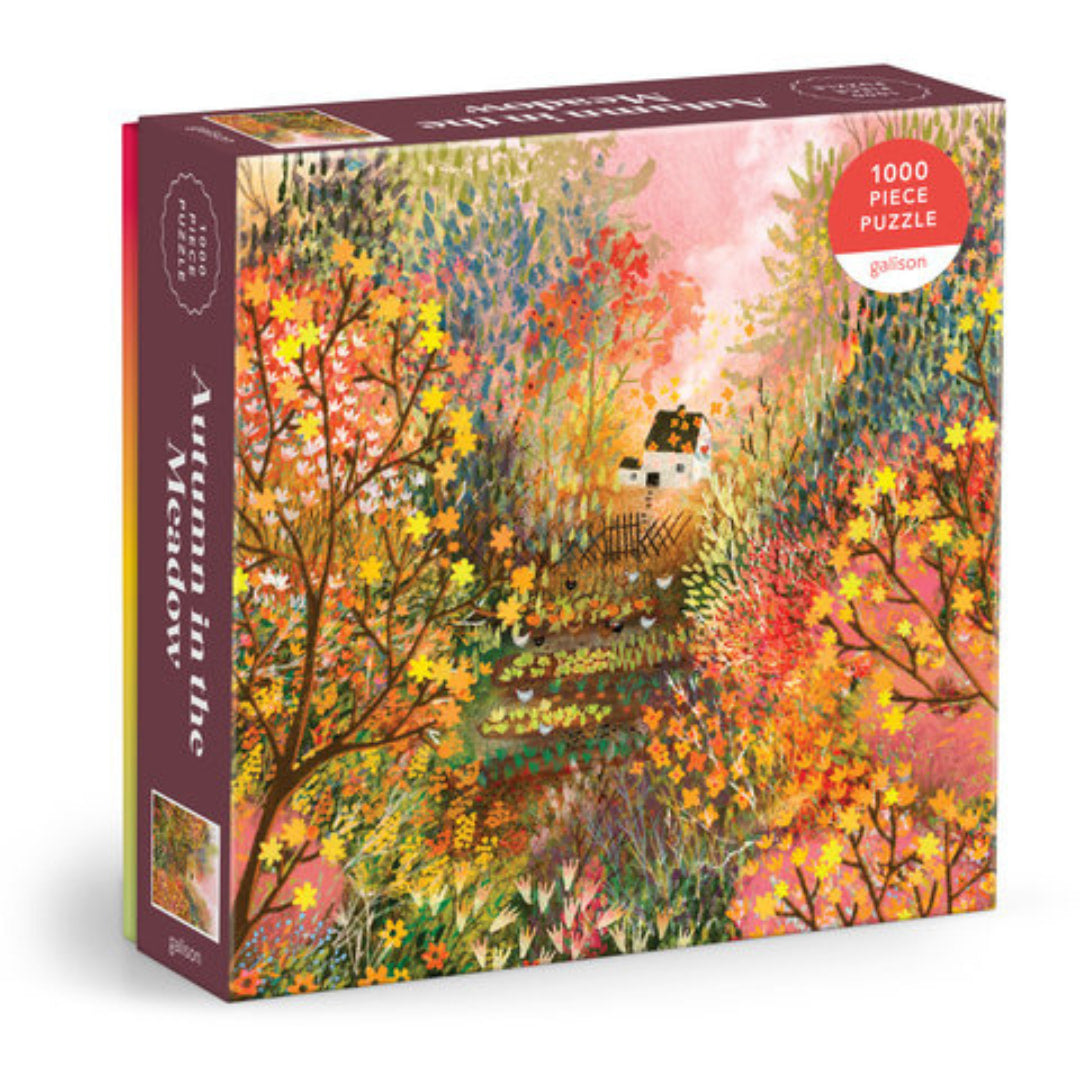 Puzzle box titled 'Autumn in the Meadow' with a colorful illustration of a house  in a forest.