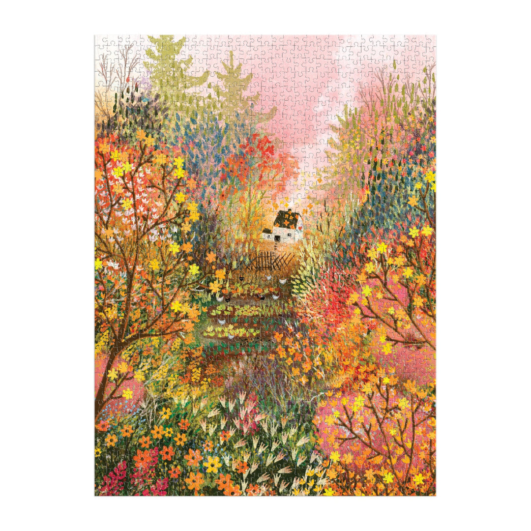 Puzzle of Autumn in the Meadow with a colorful illustration of a house in a forest.