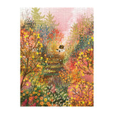 Puzzle of Autumn in the Meadow with a colorful illustration of a house in a forest.