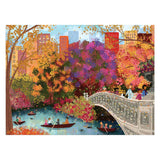 Colorful illustration of a park scene with people on boats and a bridge.