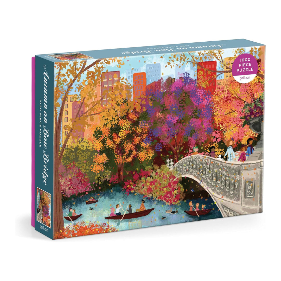 Jigsaw puzzle box with a colorful illustration of a bridge and park scene.