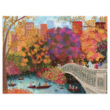 Colorful mosaic artwork of a park scene with people, boats, and a bridge.