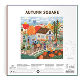 Back of a jigsaw puzzle package titled "AUTUMN SQUARE" showing a colorful illustrated village scene with autumn trees, houses, and people. The package includes a white border, product title, piece count, actual size puzzle outline, and Galson branding at the bottom.