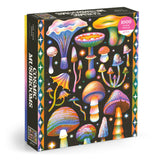 Mushroom-themed puzzle box with colorful mushrooms on a black background