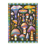 Colorful mushroom illustration on a black background with decorative border