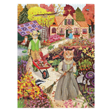 A completed jigsaw puzzle featuring a whimsical autumn garden scene with a house, a cat pushing a wheelbarrow, and a cat holding a broom, surrounded by colorful flowers and trees.