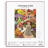 Back of a 'Cottage Cats' 1000-piece foil puzzle box on a white background. The box features a colorful illustration of a cozy garden scene with a cat in a dress and a cat pushing a wheelbarrow, plus product details and barcode information.