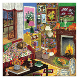 A completed jigsaw puzzle showing a colorful, busy cozy living room scene with a fireplace, flowers, pumpkins, books, and furniture. The puzzle pieces are fully assembled and photographed flat against a white background.
