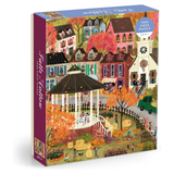 A 1000-piece jigsaw puzzle box titled 'Falls Hollow' by Galison, featuring a colorful, detailed illustration of a cozy autumn village scene with a gazebo, pumpkins, and colorful houses.