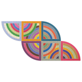 A set of four colorful geometric quilted patches arranged on a plain white background. Each patch features concentric semi-circular and rectangular patterns in multiple bright colors including pink, blue, green, yellow, orange, purple, and beige.