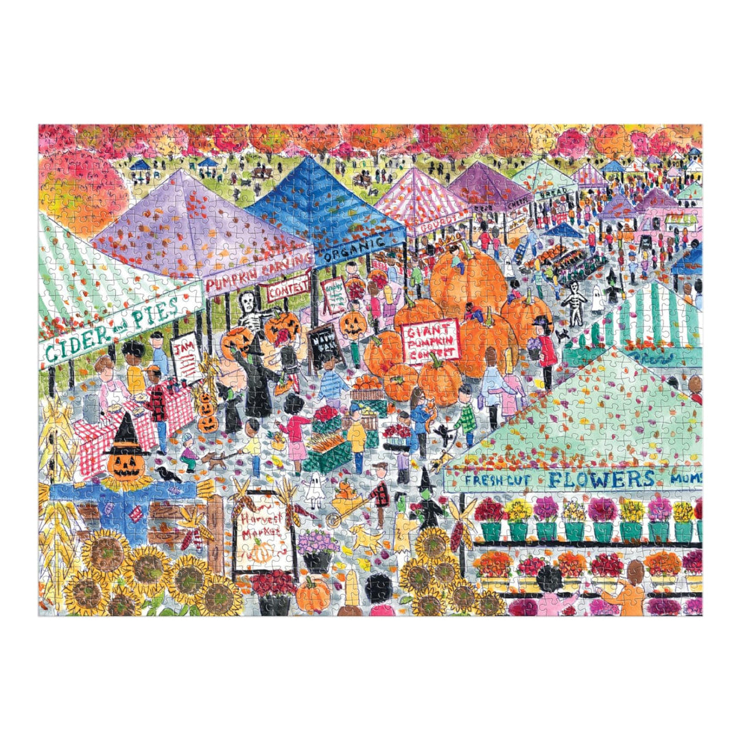 A jigsaw puzzle of Michael Storrings Harvest Market  featuring a classic farmer's market bustling about on an Autumn's day. 