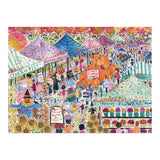A jigsaw puzzle of Michael Storrings Harvest Market  featuring a classic farmer's market bustling about on an Autumn's day. 