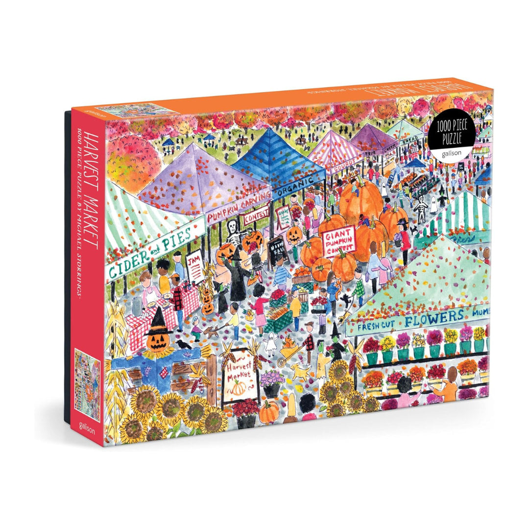 An Image of Michael Storrings Harvest Market 1000 Piece Puzzle by Galison featuring a classic farmer's market bustling about on an Autumn's day. 