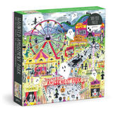 A 300-piece jigsaw puzzle box titled 'Haunted Amusement Park' by Galison, featuring a colorful, whimsical illustration of a Halloween-themed amusement park with a ferris wheel, ghosts, trick or treat stands, and spooky characters.
