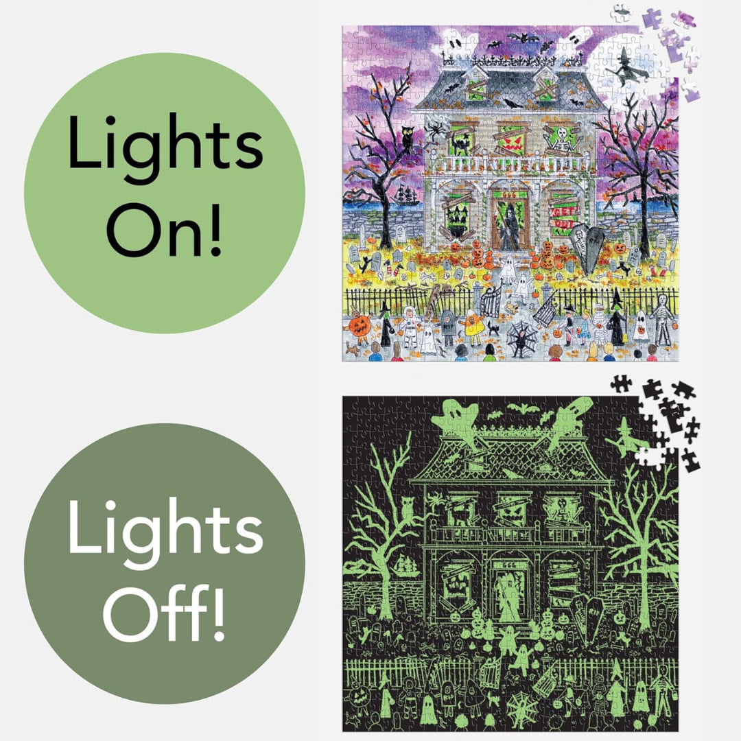 An image of the specialized glow-in-the-dark features revealed when lights are on and off.