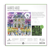 The back of the puzzle box describing a 500-piece puzzle featuring Michael Storrings' illustration of a haunted house . 
