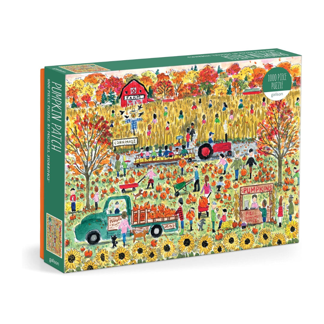 Puzzle box with an autumn-themed design featuring people at a pumpkin patch.