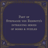 Decorative book cover with text about Stephanie von Reiswitz's series of books and puzzles on a dark blue background.