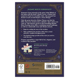 Back cover of a book with puzzle instructions and branding