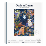 Back of a 1000-piece foil puzzle box titled "Owls at Dawn," showing a colorful illustrated owl scene on a white package with product details and a jigsaw piece outline.