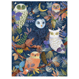 A square jigsaw puzzle featuring a whimsical woodland night scene with four owls in various colors, surrounded by leaves, pinecones, and a crescent moon on a dark blue background.