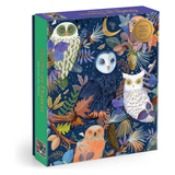 A 1000-piece jigsaw puzzle box titled 'Owls at Dawn' by Galison. The box features a dark navy blue background decorated with detailed illustrations of various owl species, colorful autumn leaves, pinecones, and a crescent moon