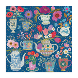Jigsaw puzzle with floral and teapot design on a blue background
