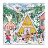 A completed jigsaw puzzle showing a colorful winter mountain village scene with ski lifts, snowy hills, trees, and people at a ski rental shop. The puzzle pieces are clearly visible across the entire artwork.