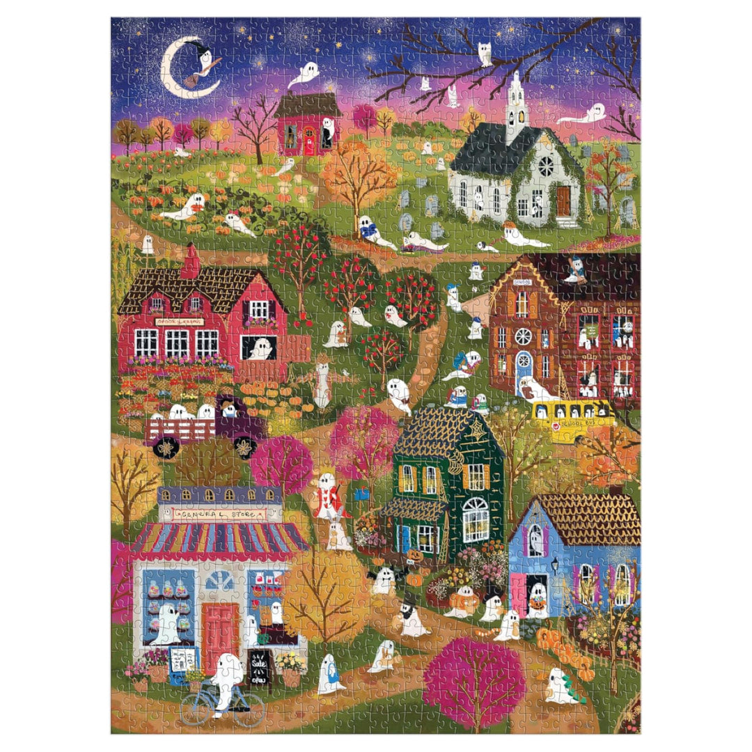 Joy Laforme Spooky Village 1000 Piece Puzzle features an adorably ghostly village on a spooky Halloween night