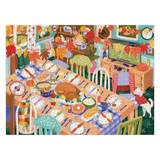 A square jigsaw puzzle featuring a colorful autumn Thanksgiving dining room scene with a large table set for a roasted turkey, chairs, pumpkins, fall leaves, and a small white dog in a red sweater.