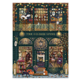 A square jigsaw puzzle featuring an intricate illustration of a cozy, whimsical bookshop facade with the title 'THE GILDED SPINE' across the center. The design is highly detailed with multiple levels of windows showing bookshelves, a fireplace, a bicycle, a black cat, a fox, and autumn leaves in warm gold, orange, purple, and brown tones.
