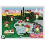 A completed jigsaw puzzle showing a whimsical forest scene with frog characters wearing red-and-white mushrooms, a rainbow, mountains, and a butterfly, plus a small loose puzzle piece in the lower left corner.