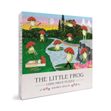 The Little Frog 1000-piece puzzle box by Maybelline Legouay, featuring a whimsical illustration of green frogs with red mushroom caps in a colorful landscape.