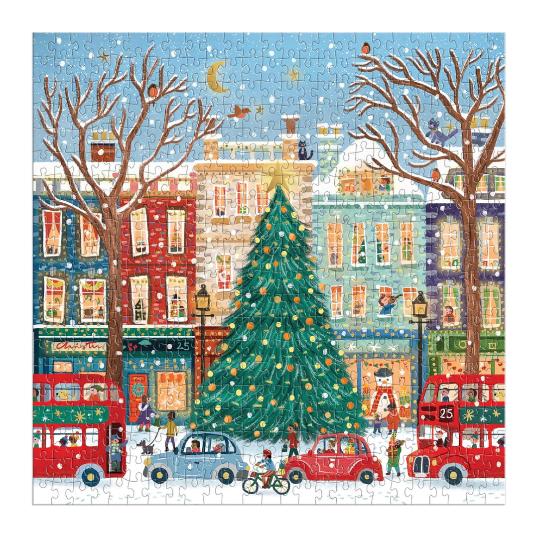 jigsaw puzzle featuring a holiday scene of a christmas tree and stores