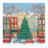 jigsaw puzzle featuring a holiday scene of a christmas tree and stores