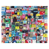 A square collage of many colorful vintage cassette tapes, radios, cameras, calculators, and small electronic gadgets arranged in a dense grid on a white background.