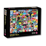 A 1000-piece jigsaw puzzle box titled 'Retro Tech' by artist Peter McKenna. The box features a colorful collage of vintage technology and gadget illustrations on a black background, with pink accents on the text and puzzle piece icon.