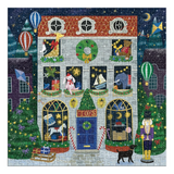 A completed jigsaw puzzle showing a whimsical Christmas house facade with decorated windows, hot air balloons, a nutcracker, sleigh, candy canes, and a black cat under a starry night sky.