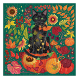 A completed jigsaw puzzle featuring a whimsical autumn scene with a black cat sitting on a pumpkin, surrounded by sunflowers, pumpkins, leaves, and berries on a dark teal background.
