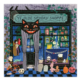 A completed jigsaw puzzle featuring a whimsical Halloween storefront scene with a black cat in the window, pumpkins, skeletons, cobwebs, and the sign 'Ye Olde Spookie Shoppe'.