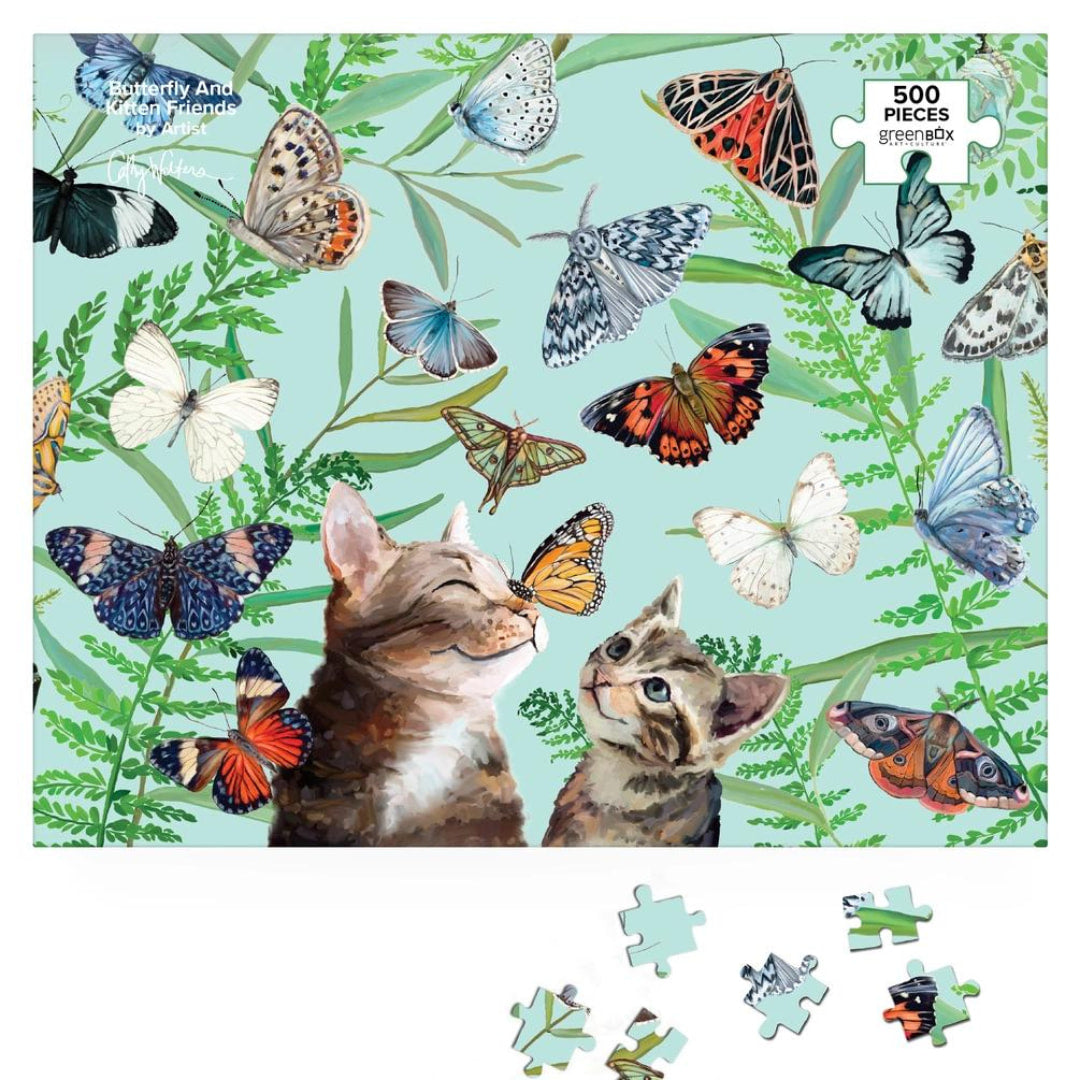 Greenbox Puzzles -  Butterfly And Kitten Friends 500 Piece Puzzle  - The Puzzle Nerds 