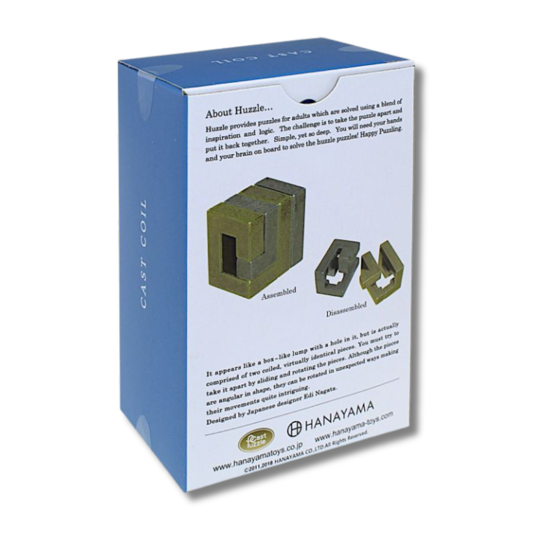 Box packaging for a puzzle toy with blue and white design, featuring text and images of the puzzle.