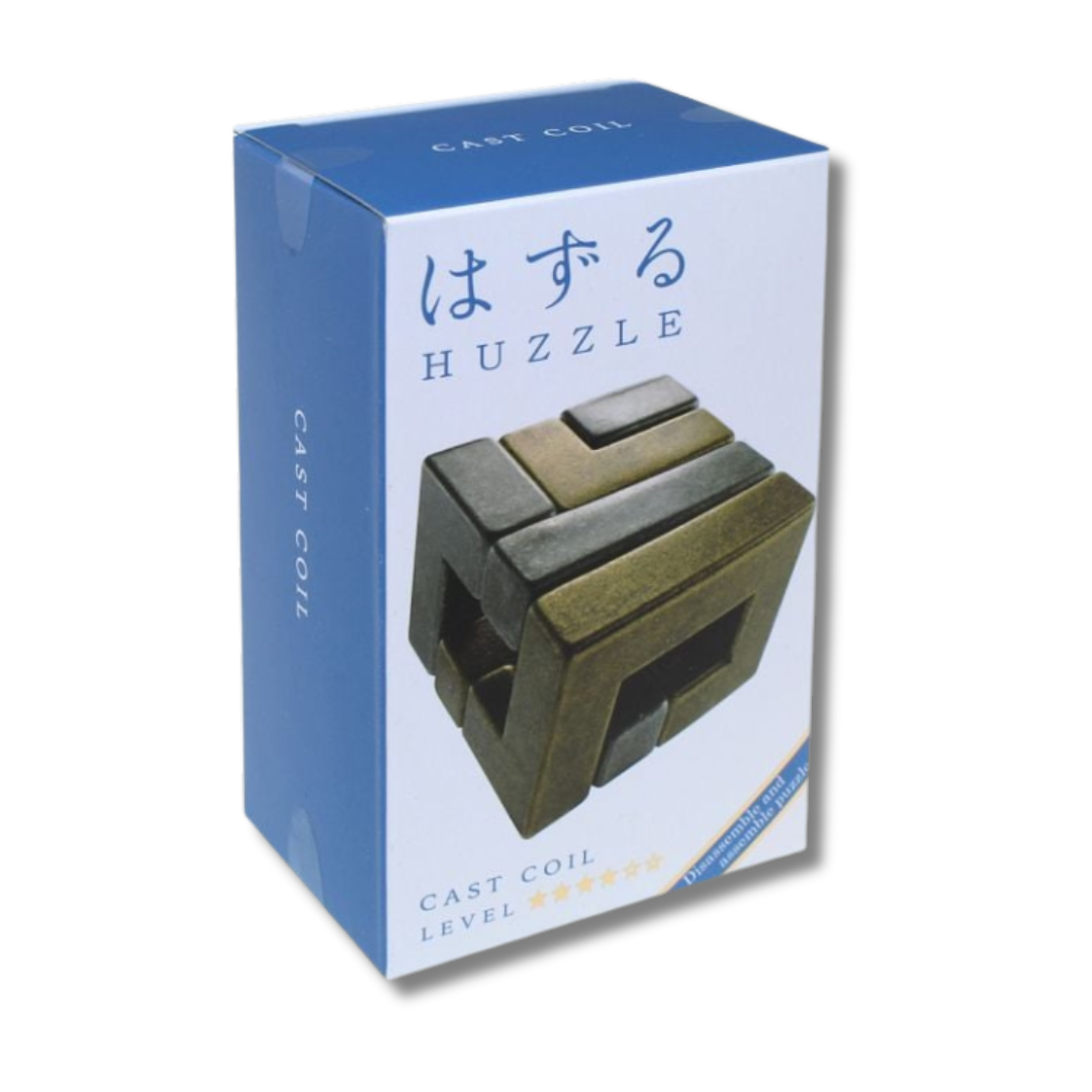 Box of a puzzle toy with 'HUZZLE' branding on a white background