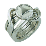 Silver ring hand puzzle with a textured design on a white background