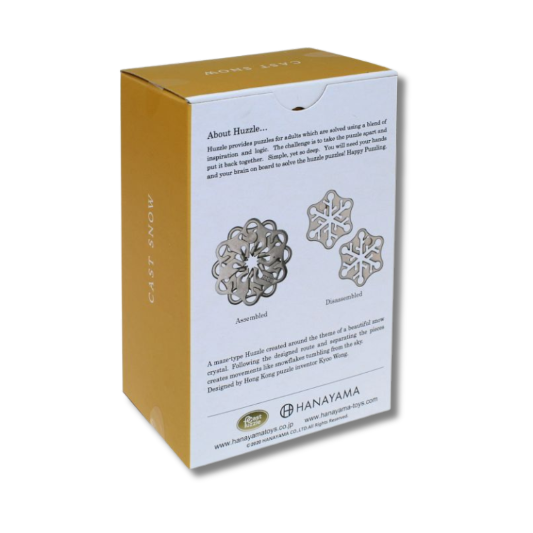 Hanayama puzzle packaging with snowflake designs and brand name.